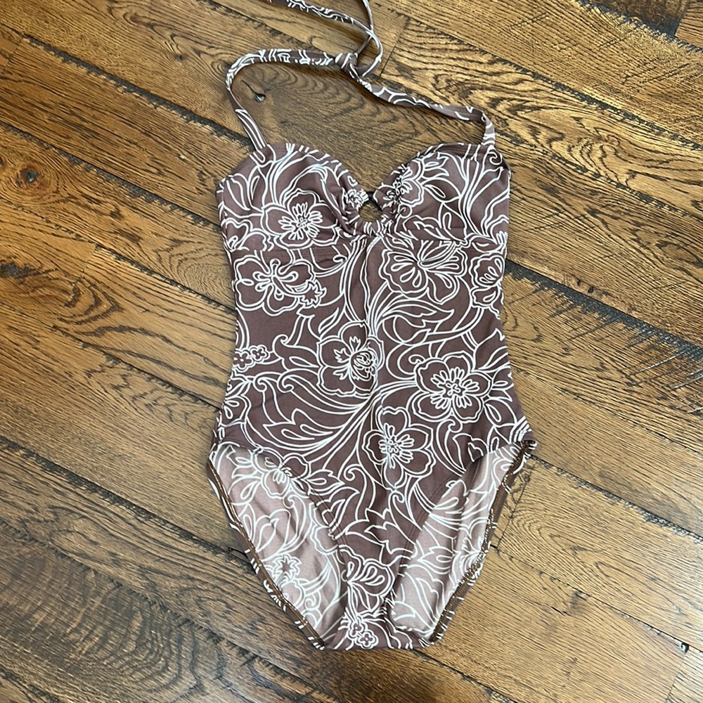 APT 9 brown and cream floral one-piece bathing suit. Size 8.